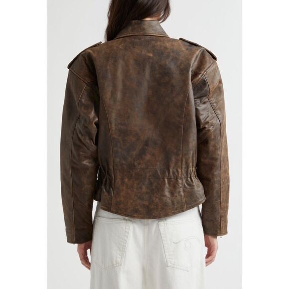 R13 Exaggerated Shoulder Brown Leather Moto Jacket Belted Distressed M - Picture 4 of 16